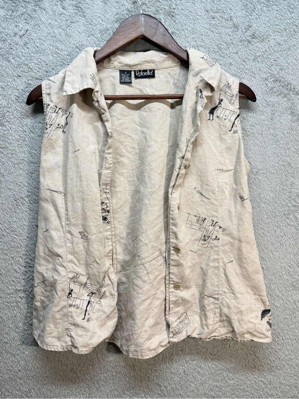 Rafaella Vintage 100% Linen Novelty London Print Sleeveless Button Up Size 8